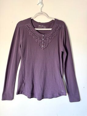 Eddie Bauer Women’s Waffle Knit Henley Top Crochet lace XL
